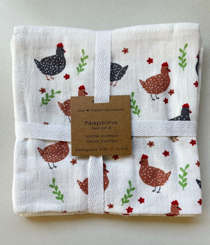 Cotton Cloth Napkins SET OF 4 -Chickens