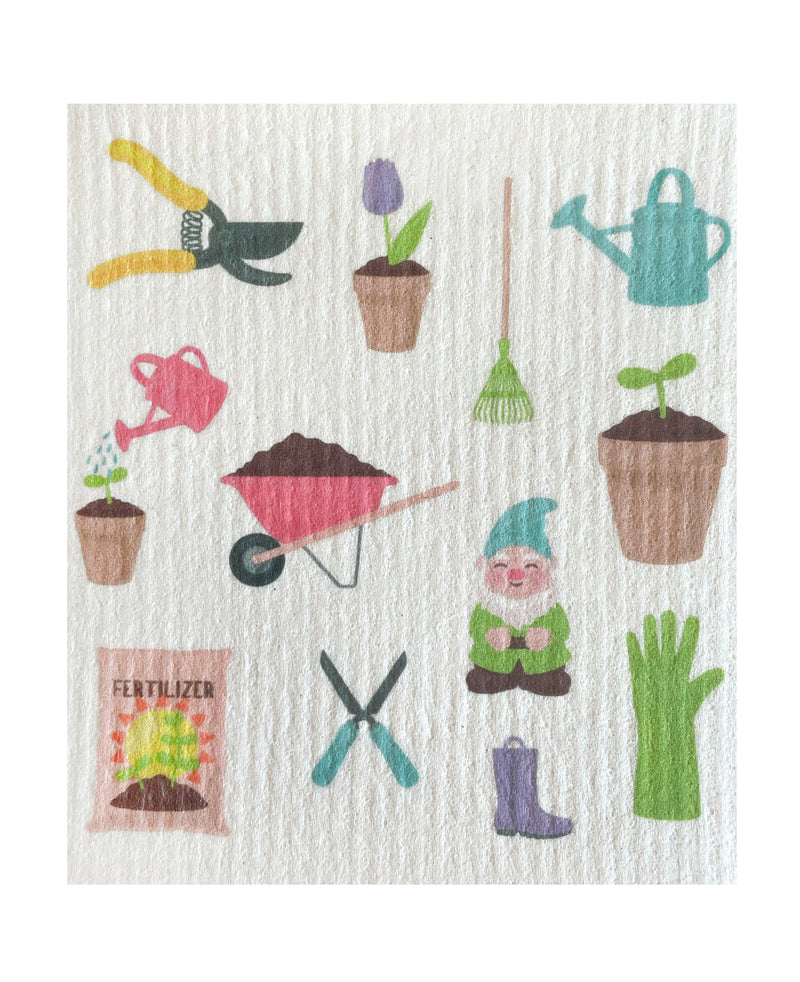 Garden with Gnome Swedish Dishcloth - Ink and Fiber Designs