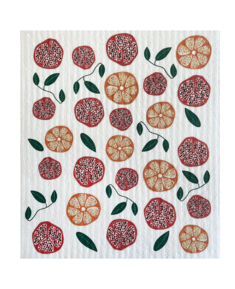Pomegranates and Orange Swedish Dishcloth - Ink and Fiber Designs